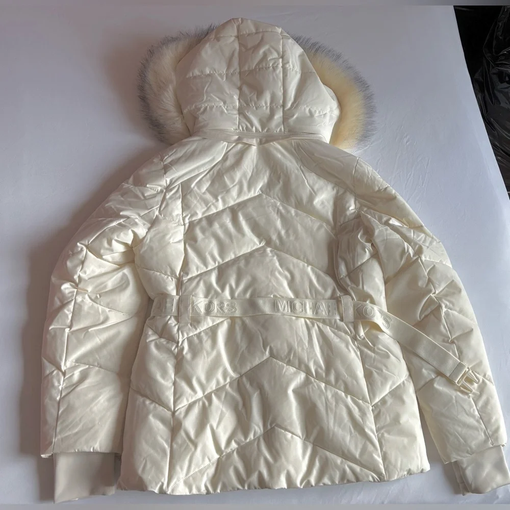 Michael Kors Bone White Coat Belted MK Jacket Fur Hood NWT $280 Super Vibrant - Picture 6 of 15